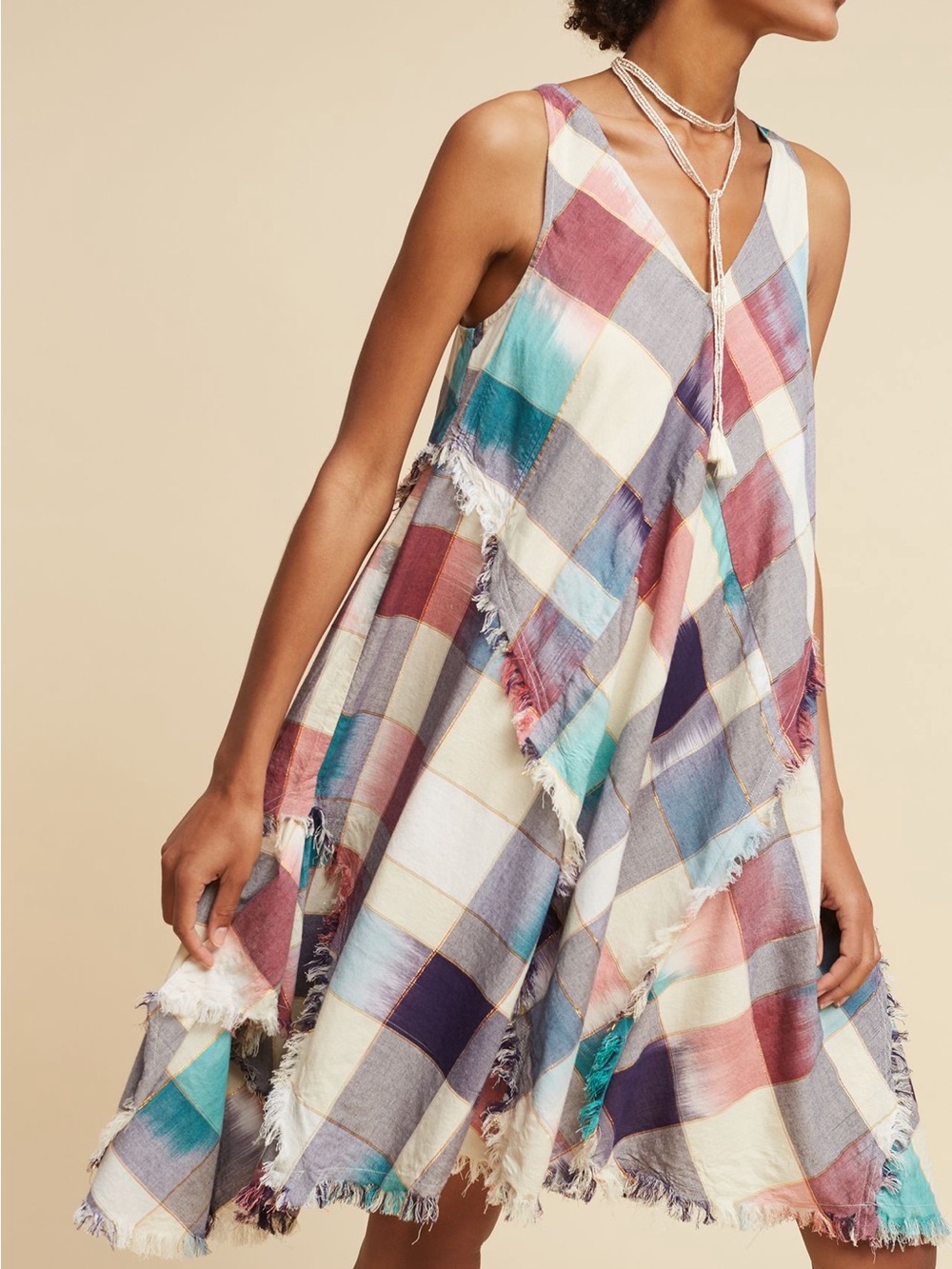 Maeve Plaid V-Neck Sleeveless Dress in Turquoise and Gray